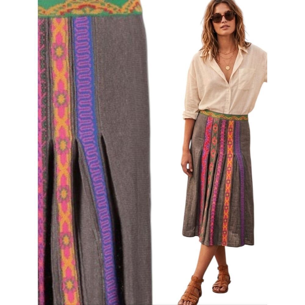 Unique IVKO Linen Brown A-Line Maxi Skirt with Multicolor Embroidered Panels M
